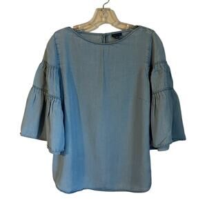 J. Jill Blue Chambray Denim 3/4-Length Bell Sleeve Crewneck Shirt Top Size Small